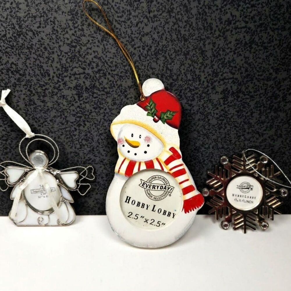 Picture Frames Christmas Ornaments 3 Small Hanging Angel Snowflake Snowman
